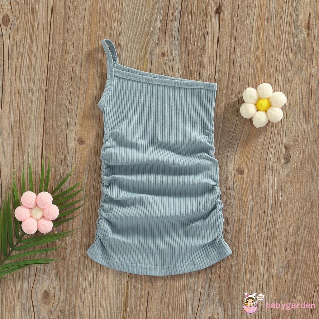 BABYGARDEN-1-6years Baby Girls Casual Dress Solid Color Ribbed Sleeveless Sling One Shoulder Summer Beach Dress