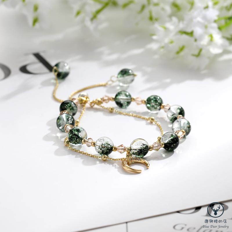 Vòng Tay Hai Lớp Đính Đá Zircon Hình Ma Màu Xanh Lá Tự Nhiên Thời Trang Cho Nữ đá phong thuỷ vòng tay Hộp Chính Hãng Thạch anh