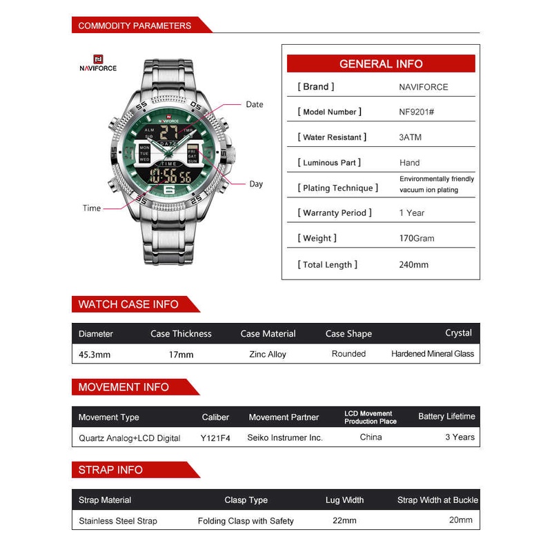 Đồng Hồ Led NAVIFORCE 9201 Thiết Kế Thời Trang Chống Nước Cho Nam