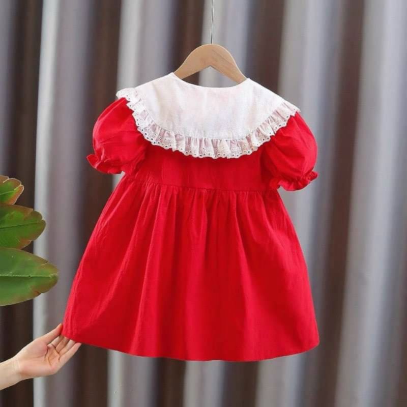 VÁY BABYDOL ĐỎ CỔ TRẮNG IN HOA CHO BÉ
