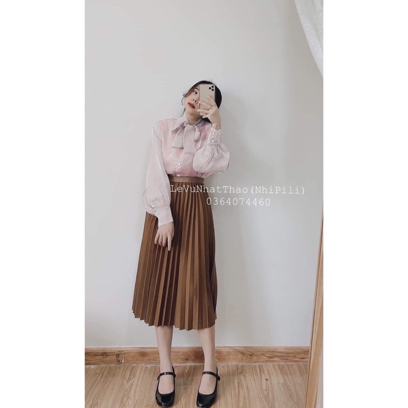 Set áo sơ mi nơ mix chân váy xếp ly dài siêu xinh (Hàng đẹp,có ảnh và video thật) | BigBuy360 - bigbuy360.vn