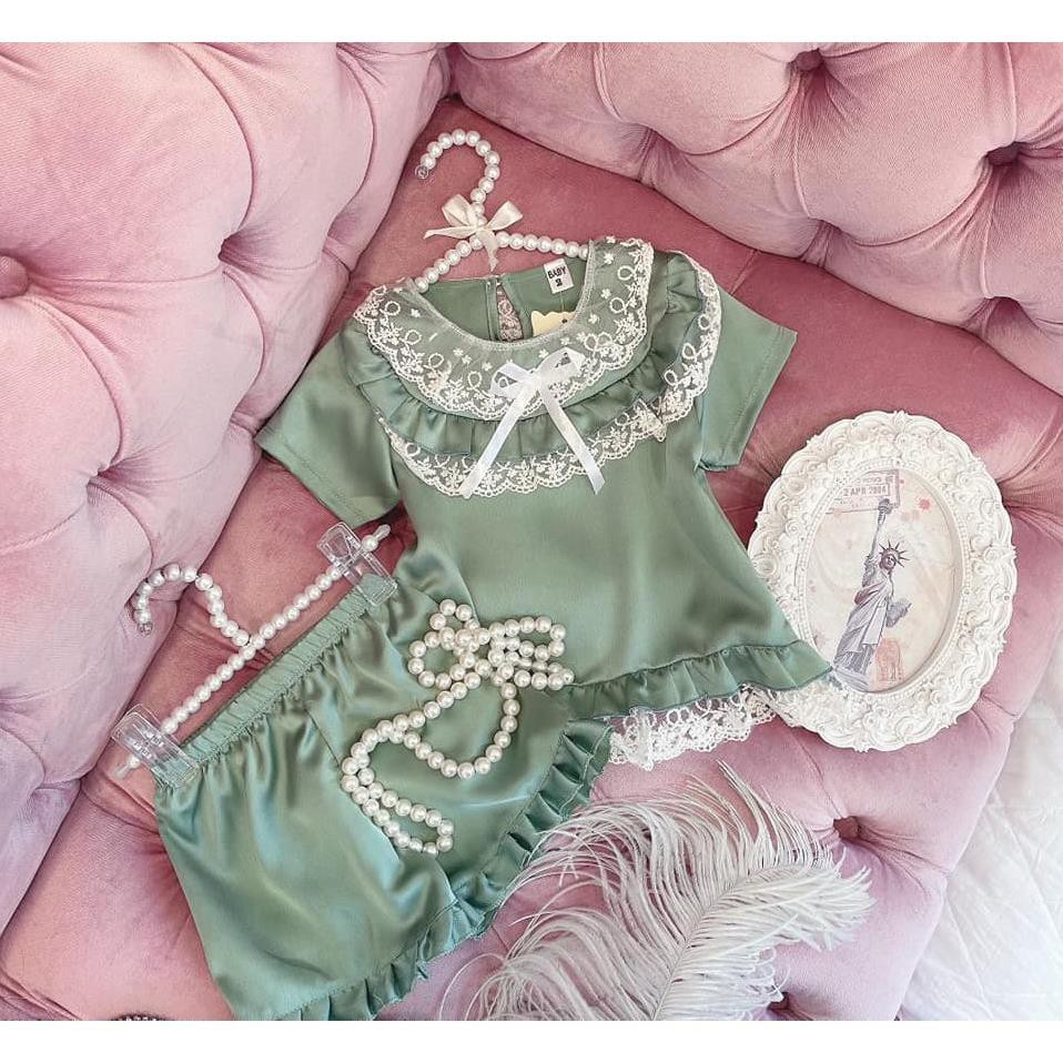 Bộ Ngủ Pijama Cộc Tay Cho Bé Lụa Satin Phối Ren [BN12-2021] - Babi mama sexy ❣️