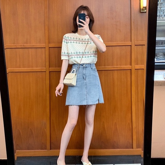 Áo dệt kim ZHELIHANGFEI ngắn tay thêu họa tiết xinh xắn thời trang