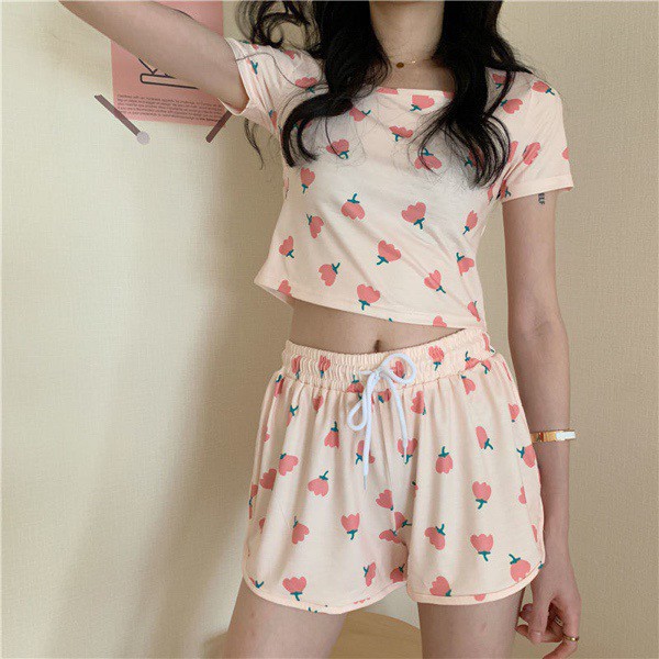Set bộ đồ mặc nhà bộ ngủ họa tiết hoa tulip cute vải cotton