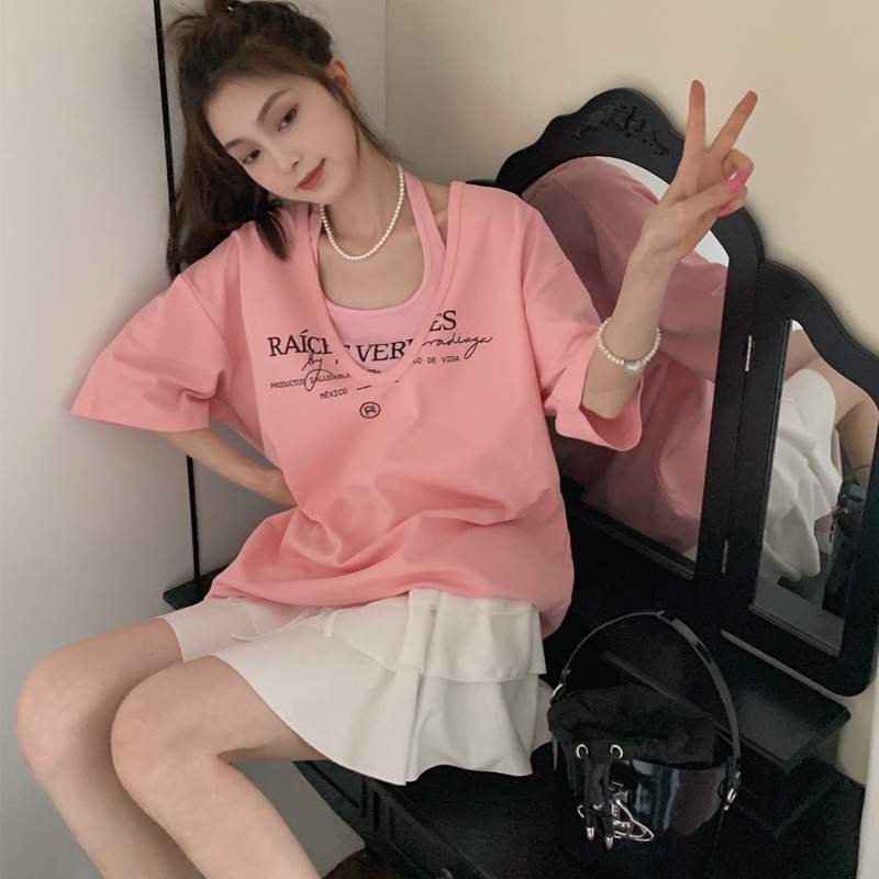 Bộ Áo Thun Ngắn Tay Cổ Yếm In Họa Tiết + Quần short Ống Rộng Thời Trang Mùa Hè Dành Cho Nữ