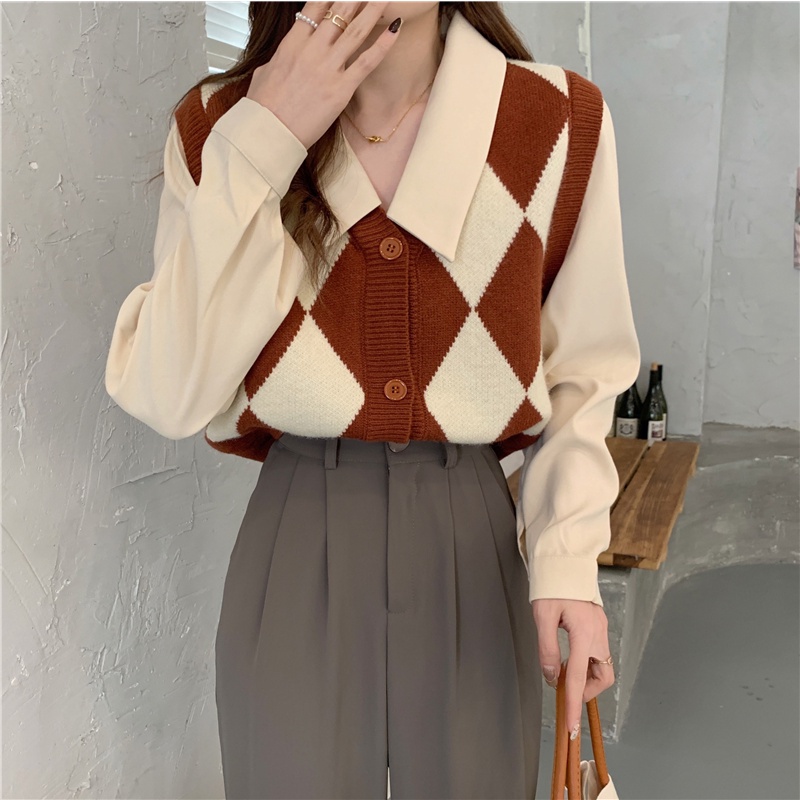 Áo len ZHELIHANGFEI tay dài giả hai lớp cổ polo dáng rộng họa tiết sọc caro dễ phối đồ