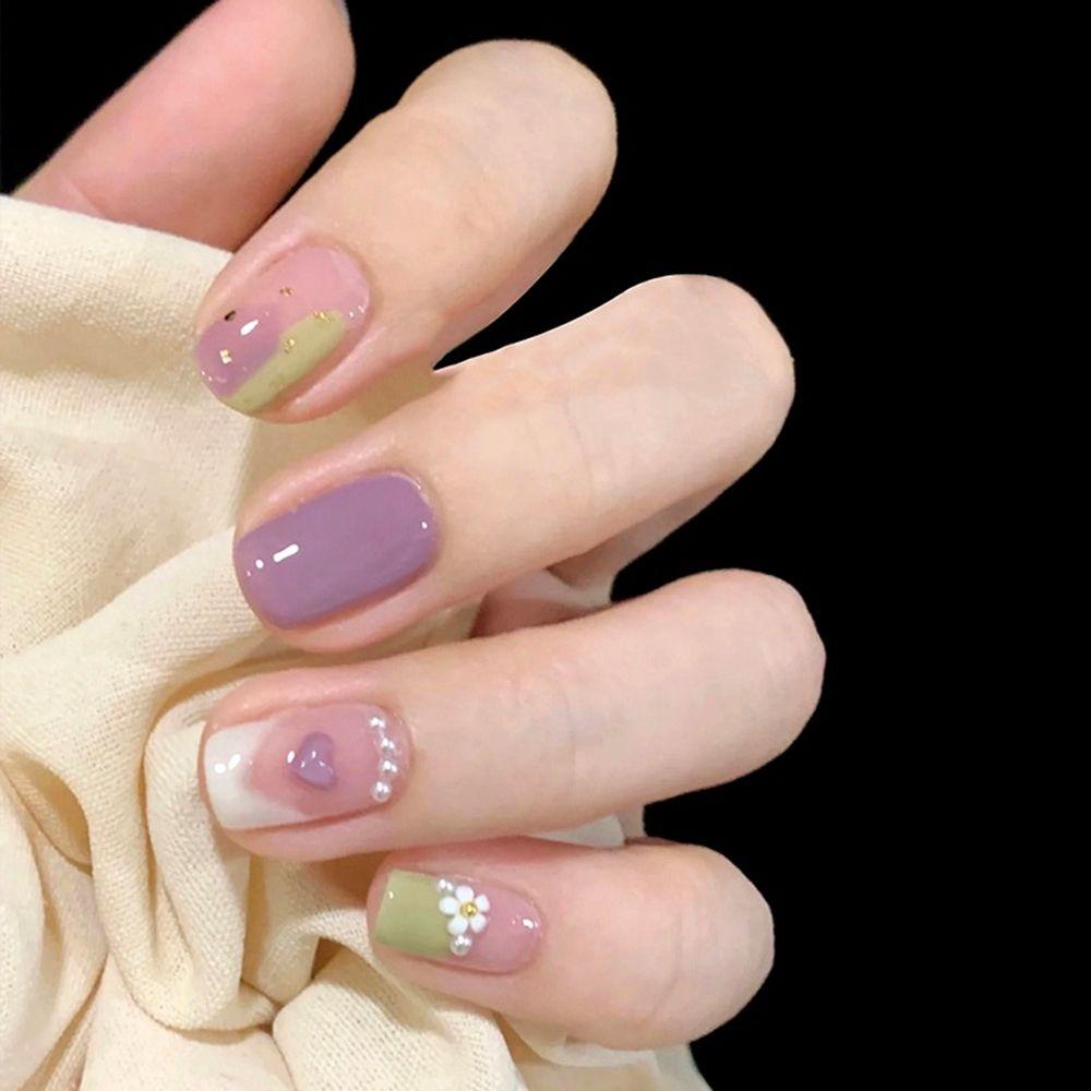 Bộ 24 Móng Tay Giả Ngắn / Tròn / Vuông Che Phủ Toàn Diện Kiểu Pháp