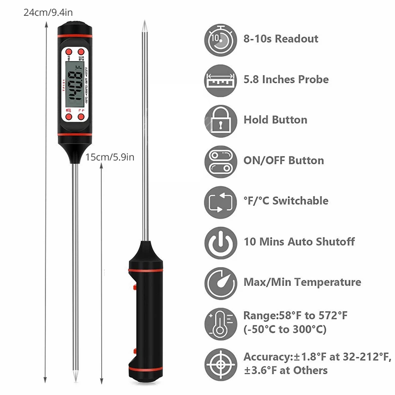 JOSMOMO Nhà bếp -50 đến 300 Nhiệt kế, Nhiệt kế thực phẩm, Nhiệt kế nấu thực phẩm, Nhiệt kế thịt, Đầu dò dài Kỹ thuật số đọc tức thì Nhiệt kế thịt Thích hợp cho BBQ Smoker BBQ Nhiệt kế nhà bếp