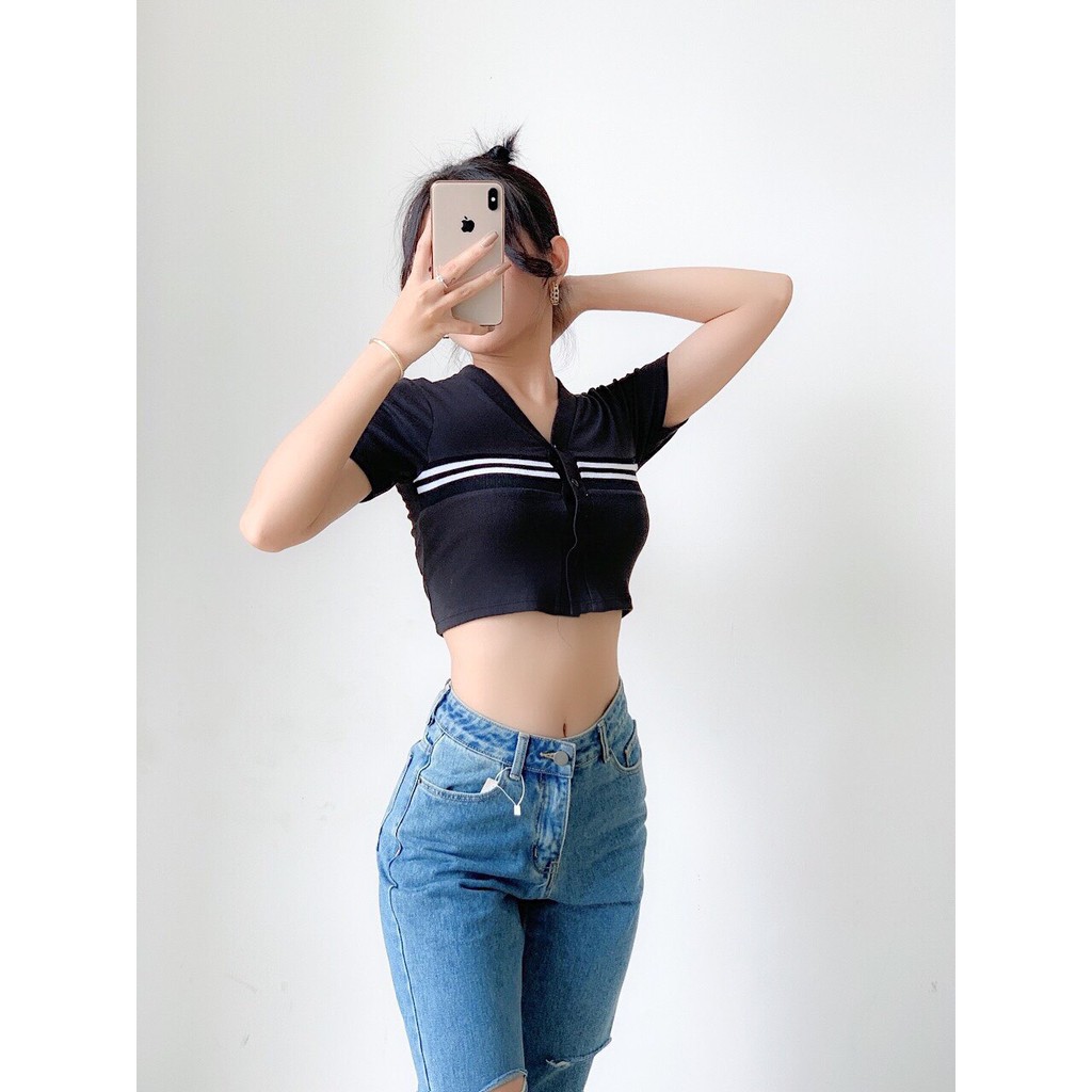 Áo croptop nữ thun tay ngắn cổ sơ mi phối sọc ngang năng động KRYSTAL NK59