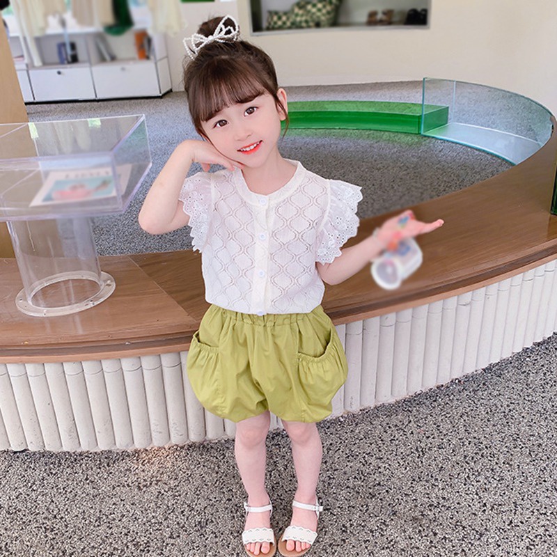 Bộ Áo Ren Tay Bay + Quần Bí Ngô Dễ Thương Thời Trang Mùa Hè Phong Cách Hàn Quốc Cho Bé Gái