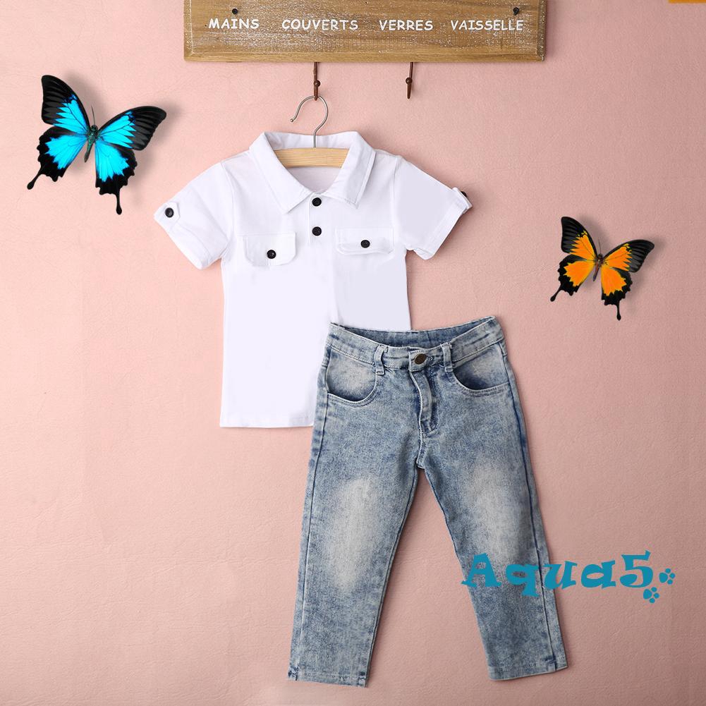 Set áo sơ mi denim dài tay cổ bẻ + Quần jeans dài thời trang cho bé trai