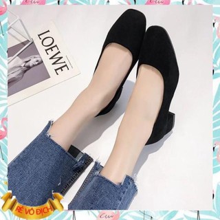 Giày gót vuông da lộn trơn đơn giản basic dễ phối đồ, mũi vuông gót vuông 3,5cm