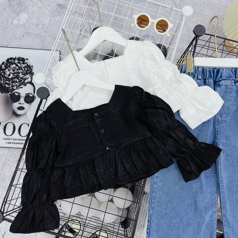 bộ áo tay bèo phối quần jeans sớ cực chất bé gái - batb