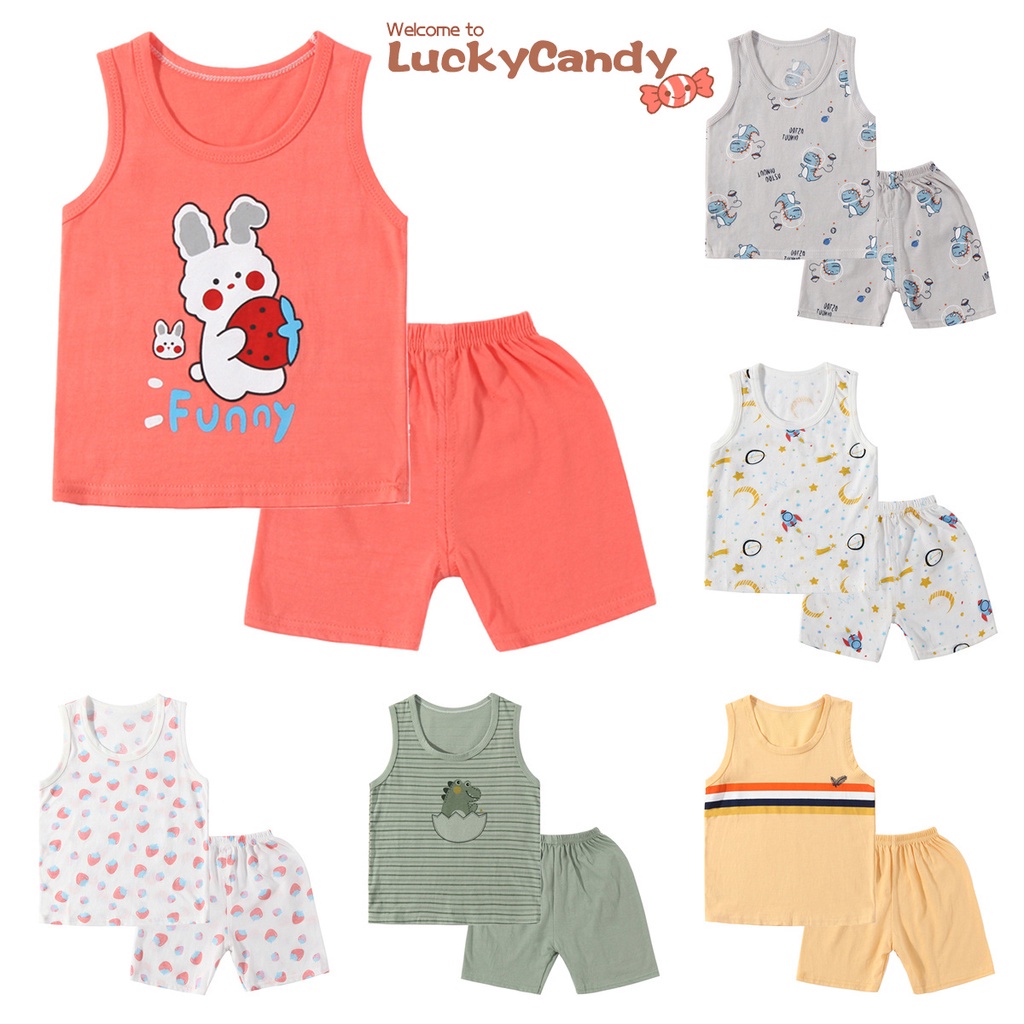 Set đồ ngủ 2 món LUCKYCANDY gồm áo ba lỗ và quần ngắn bằng vải cotton thời trang mùa hè dành cho trẻ em