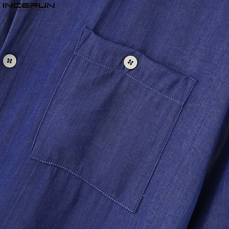 Áo sơ mi INCERUN denim tay ngắn phối nút cài trẻ trung thời trang dành cho nam