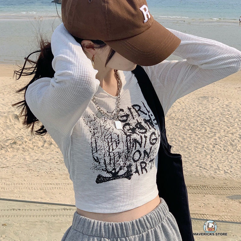 Áo thun crop top tay dài cổ chữ V phong cách Hàn Quốc mới