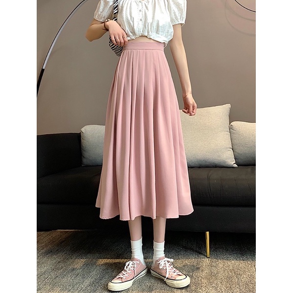 Shopbelinh - Chân Váy Midi Chữ A Lưng Cao Xếp Ly có chun sau lưng Phong Cách Hàn Quốc Thời Trang Cho Nữ