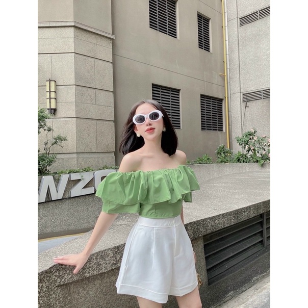 Set áo croptop hở/bẹt/trễ/rớt vai xanh kèm quần short ngắn trắng,bộ thời trang hot girl đi chơi dạo phố quyến rũ gợi cảm