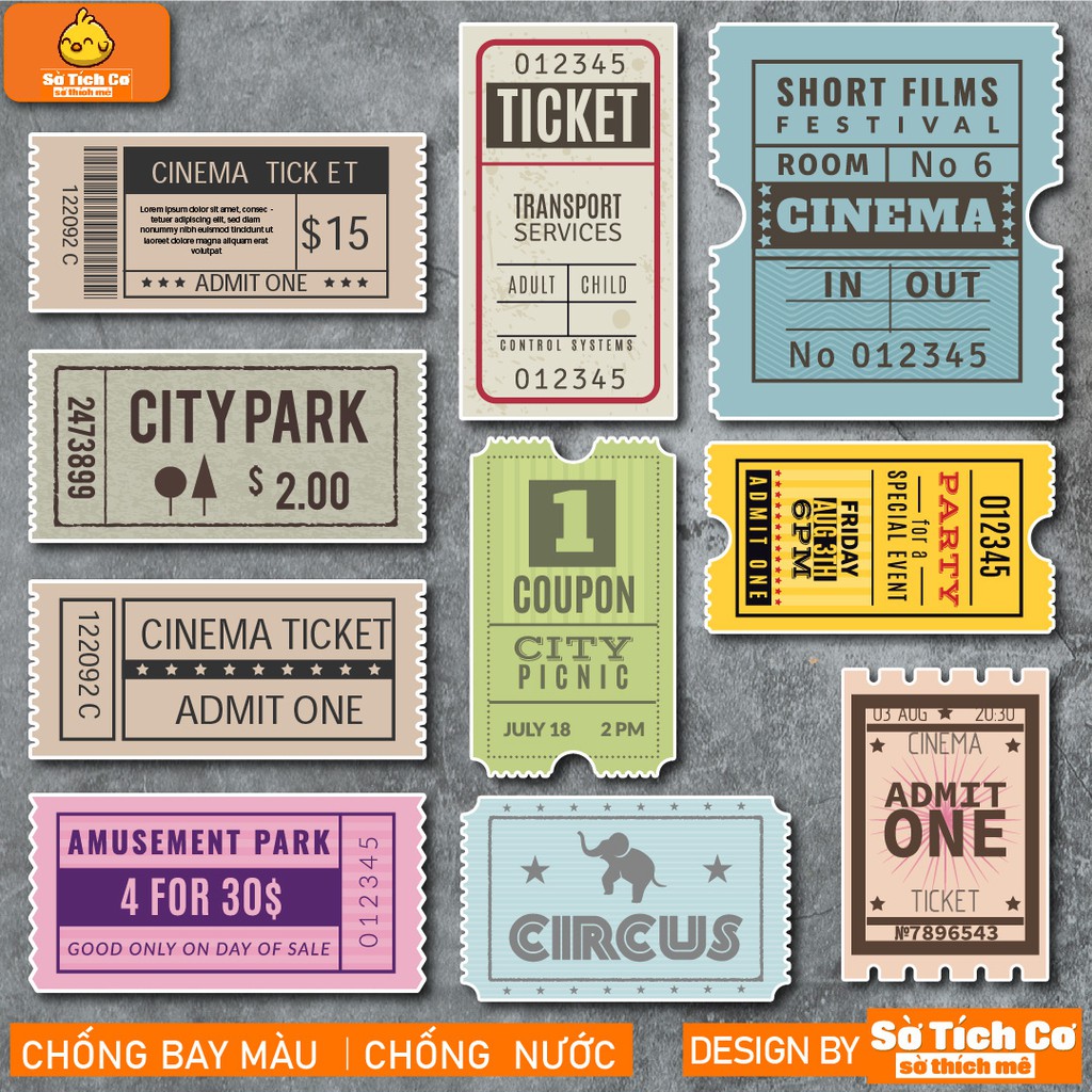Vintage Ticket chống nước sticker dán laptop, điện thoại, đàn guitar, mũ bảo hiểm, vali. MSP: NS22
