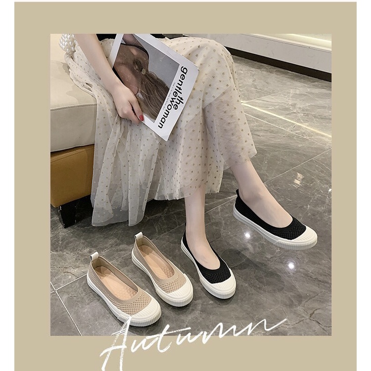 Giày Nữ Ulzzang Vintage, Giày Búp Bê Vải Dệt Kim Thoáng Khí Êm Chân Mix 2 Màu Đế Độn 3cm, Hàn Quốc - Iclassy_shoes
