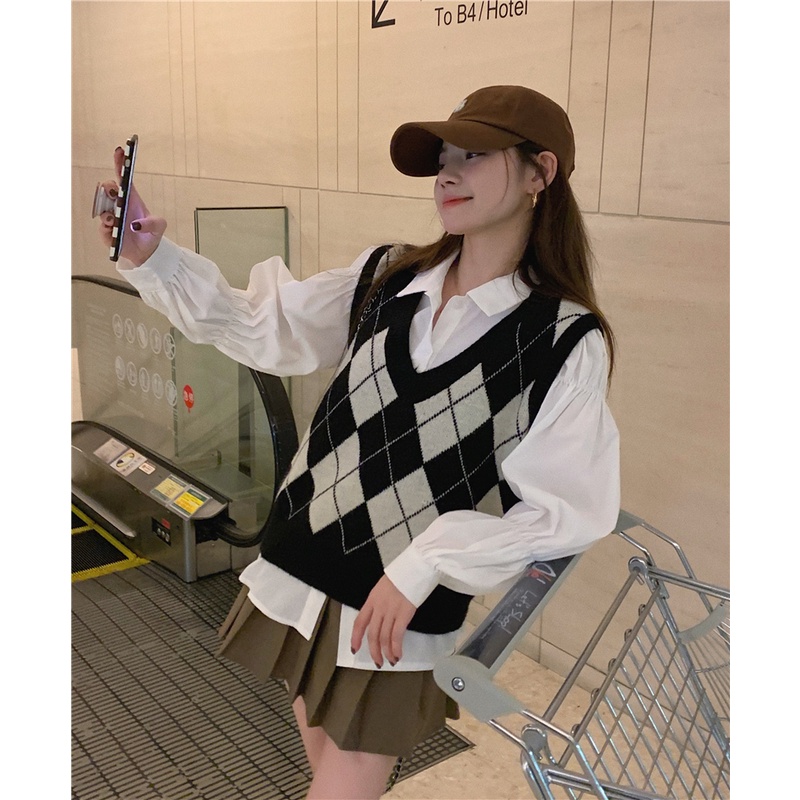 Áo gile len nữ ulzzang họa tiết ô trám chất len dệt kim đẹp áo len không tay cá tính - AL12 (sẵn) | BigBuy360 - bigbuy360.vn