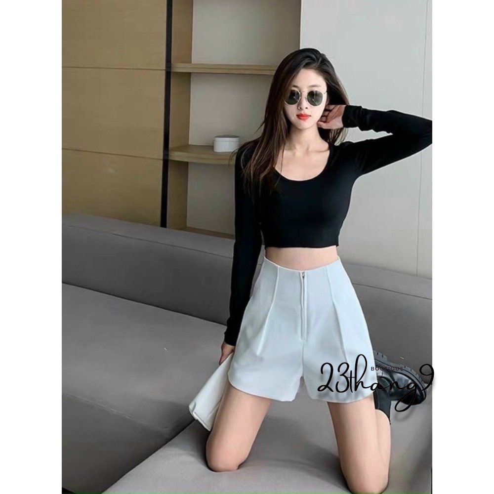 Quần short nữ ống rộng lưng cao khóa kéo trước quần đùi xếp ly vải tuyết mưa cao cấp màu be đen ulzzang