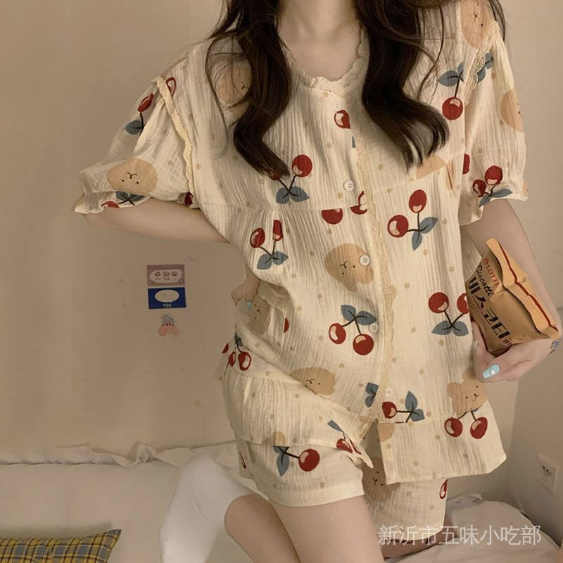 Bộ Đồ Ngủ Tay Ngắn Phối Ren Phong Cách Nhật Bản Dễ Thương Thời Trang Mùa Hè Cho Nữ