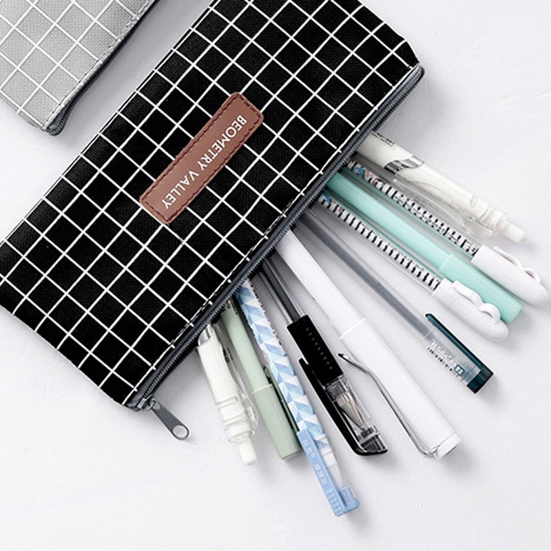 Túi Đựng Bút/Mỹ Phẩm Bằng Vải Canvas In Caro Dễ Thương Có Khóa Kéo Tiện Dụng Cho Học Sinh