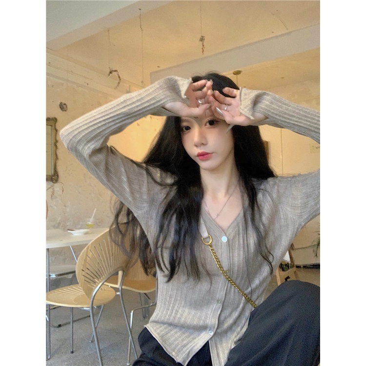 Áo cardigan XIAOZHAINV dệt kim dài tay cổ chữ V dáng ôm phong cách Hàn Quốc 4 màu lựa chọn