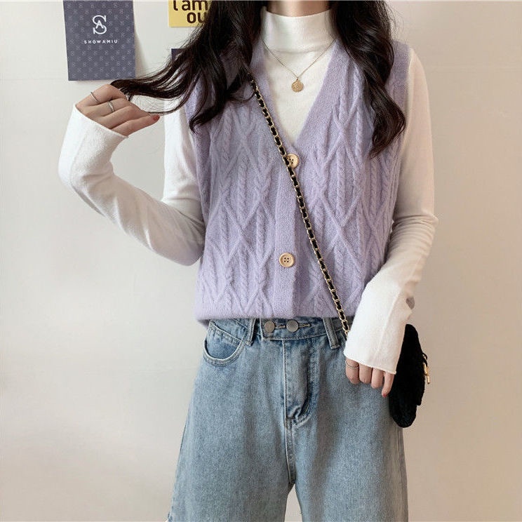 Áo khoác len cardigan không tay cổ chữ V đính khuy đơn giản dễ phối đồ thời trang phong cách Hàn Quốc size S~3XL | BigBuy360 - bigbuy360.vn