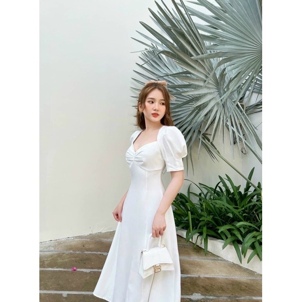 ĐẦM MIDI XOÈ NHÍU NGỰC TAY BÚP XANH/TRẮNG KTGIMI ( Kèm ảnh thật)