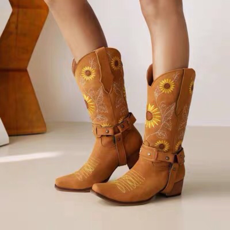 Giày boot da đế cao harness boot hoạ tiết Sunflower martin