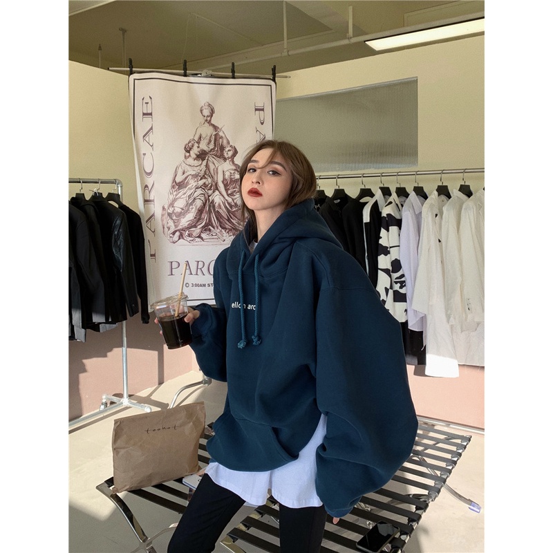 Áo hoodie bằng cotton dáng rộng dài có mũ trùm đầu thời trang