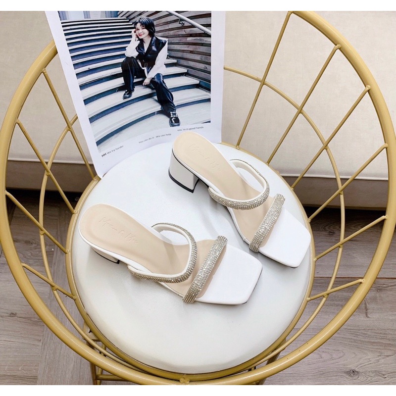 Dép cao gót 2 quai đá to gót vuông da lì 6p chắc chân sang xịn