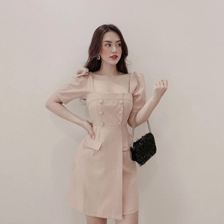 Đầm cổ vuông nút bọc 2 màu (kèm hình thật)