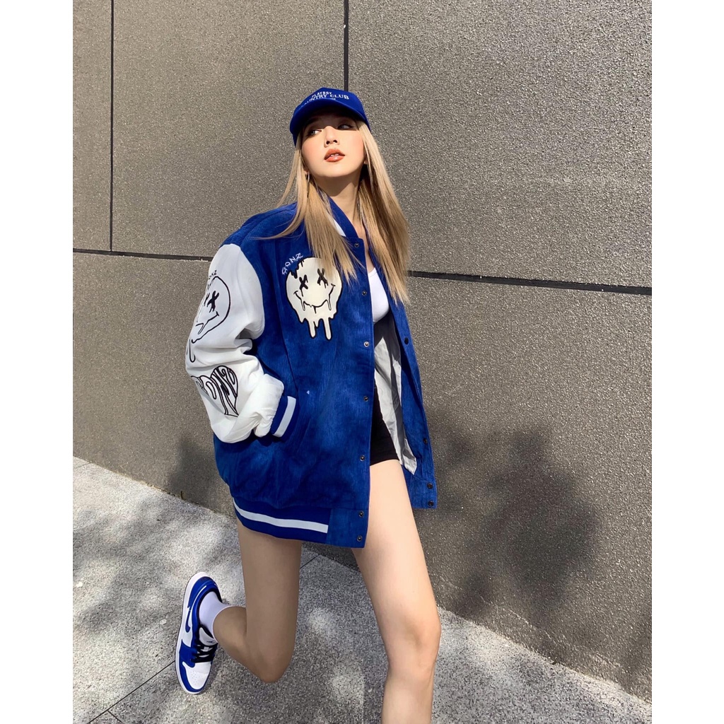 Áo Khoác Varsity nam nữ màu XANH, Gonz Bóng chày .Unisex Form rộng nhung tăm 2 lớp Hình thêu 100%VIPPA2