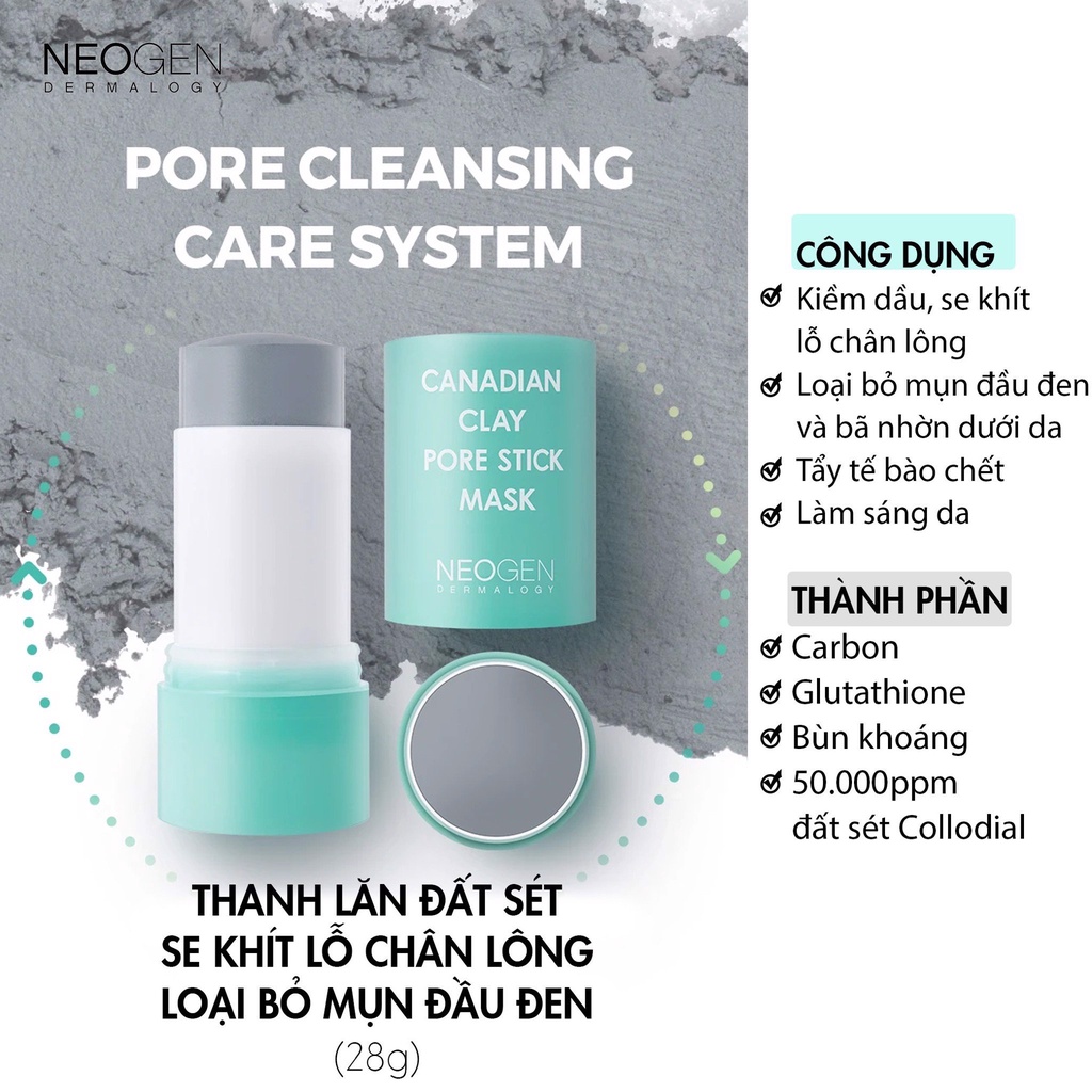 Thanh Lăn Giảm Mụn Đầu Đen Neogen Mặt Nạ Đất Sét Bùn Băng NEOGEN DERMALOGY CANADIAN CLAY PORE STICK 28G Chính Hãng