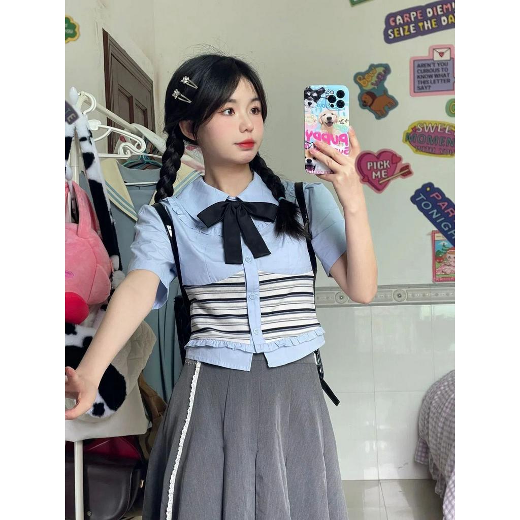 Bộ đồ thời trang dành cho sinh viên áo sơ mi ngọt ngào trên mặc áo liền quần eo cao ôm sát váy dài vừa phải xếp ly có
