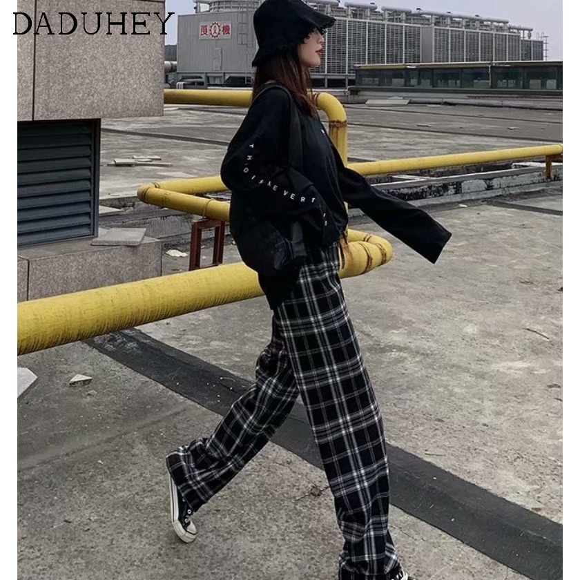 Quần dài Daduhey hoa văn caro màu đen trắng dáng rộng eo cao thời trang hè thường ngày