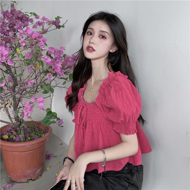 Áo Tay Phồng Ngắn Cổ Vuông Thời Trang Hàn Quốc Cho Nữ