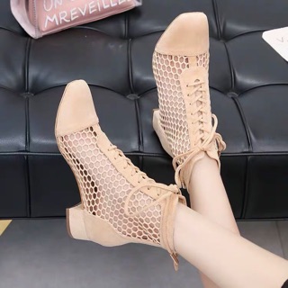 [ SẴN ĐEN S39 ] Boots lưới cổ thấp da lộn gót vuông 3cm