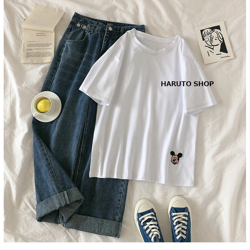 Áo thun cotton trơn Mickey, áo phông ngắn tay thêu họa tiết DISNEY