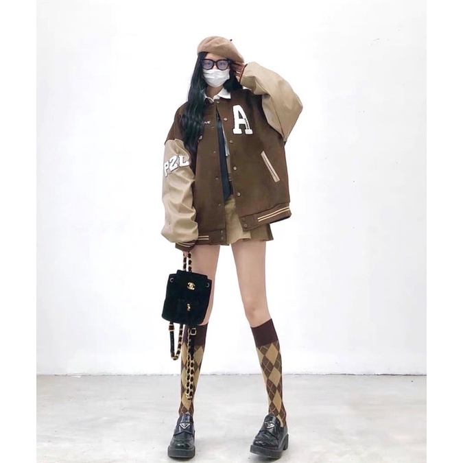 Áo Khoác Bomber Nâu Chữ A 23 L.Y Store Unisex  Khoát bóng chày form rộng tay bồng kiểu dáng thể thao hàn quốc