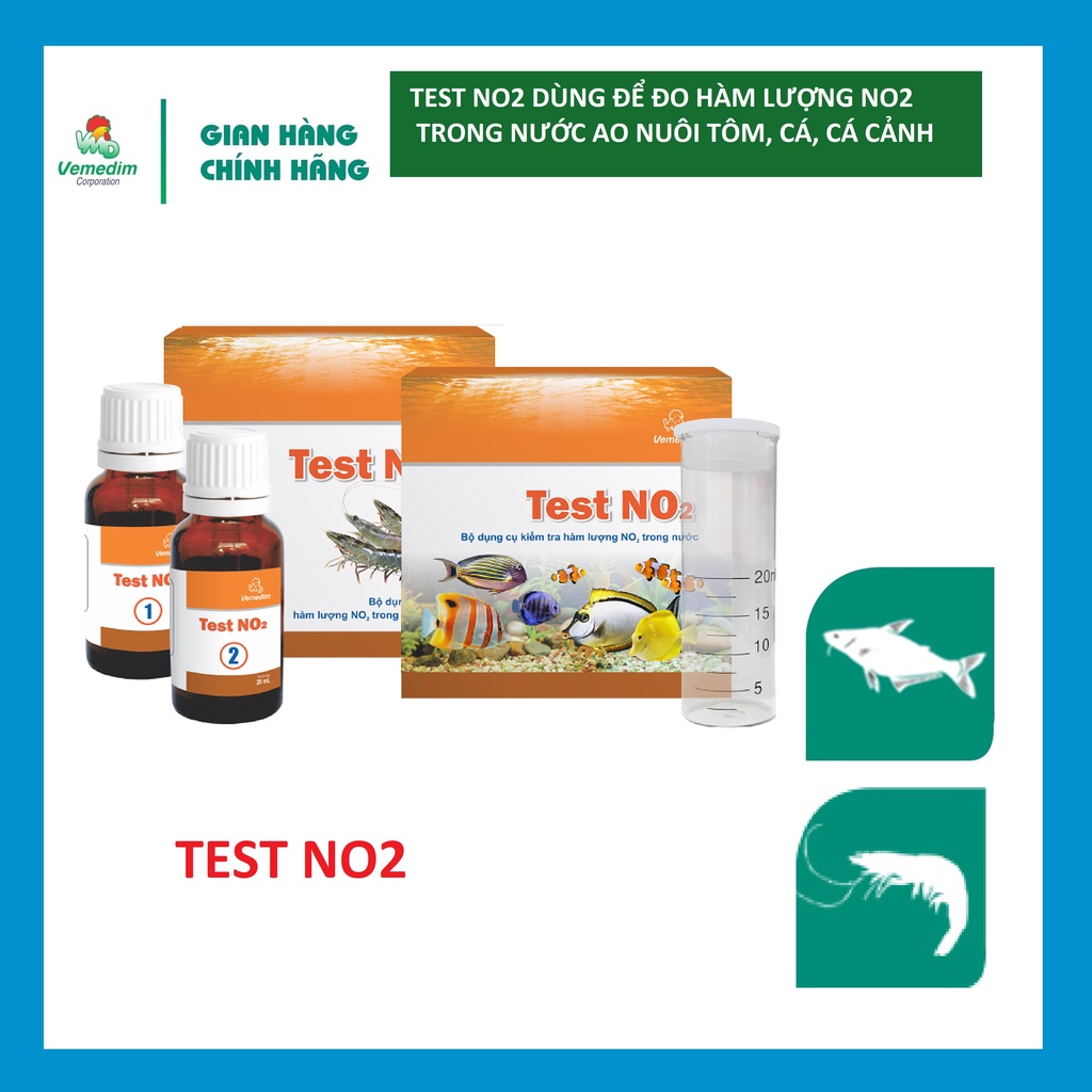 Vemedim Test NO2 đo hàm lượng NO2 trong nước ao nuôi tôm, cá, cá cảnh, 1 hộp gồm 2 lọ test NO2 20ml &1 lọ ống chia vạch