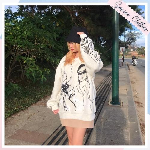 Áo nỉ sweater nữ in hình cô gái tay dài áo nỉ bông nữ chất dày dặn mặc thu đông form rộng Saniee Clother