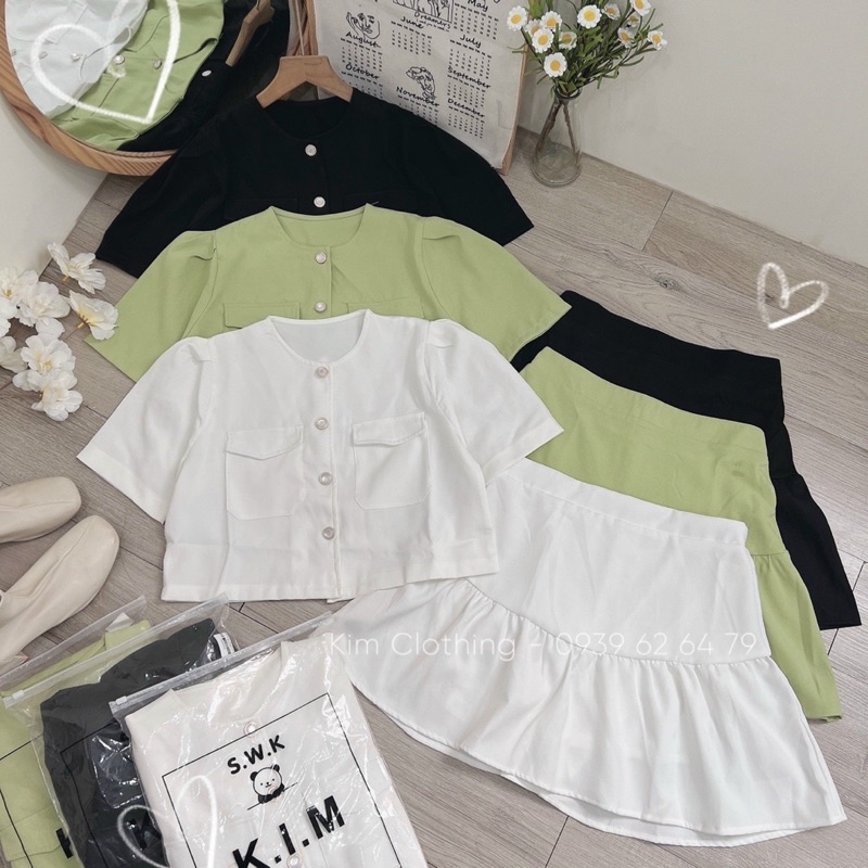 Set áo croptop nút ngọc + chân váy bèo ngắn [kèm hình thật]