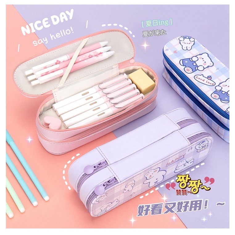 Hộp bút MEMO, túi đựng bút 2 tầng da PU cute cho học sinh