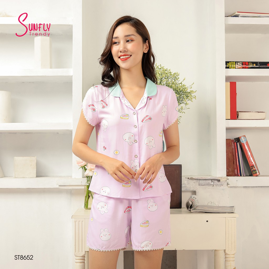 Bộ pijamas lanh Sunfly áo cộc quần sooc ST8652