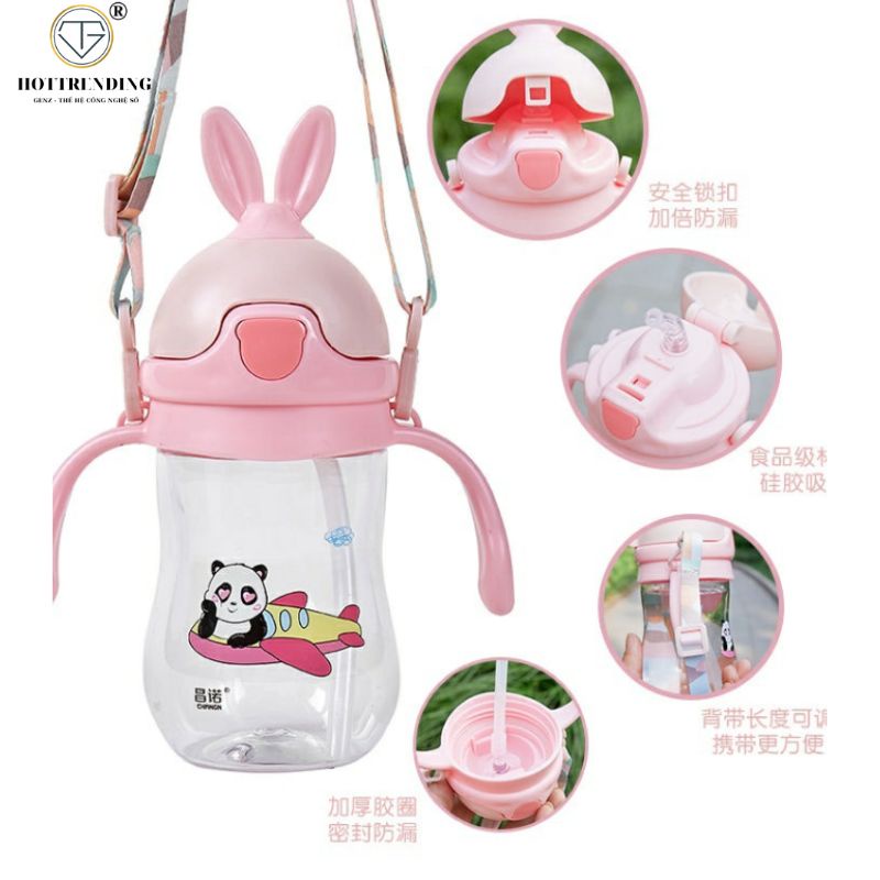 Bình Nước Tai Thỏ 280ml và 500ml Cute An Toàn Tặng Kèm Sticker 2D,3D Cho Bé