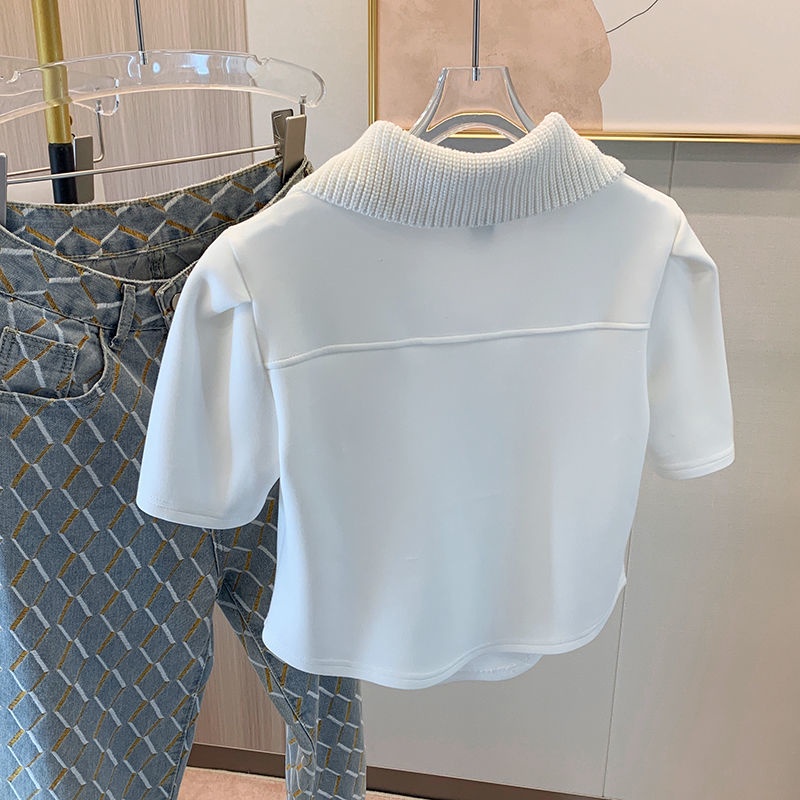 Semi-zipper knitted short-sleeved T-shirt Women's 2022 Spring Korean lapel solid color irregular small thin blouse